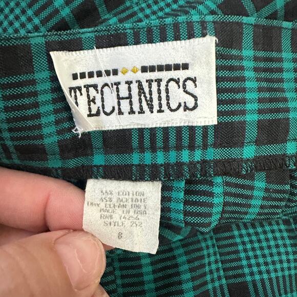 Vintage Technics Teal Green Black Plaid Pleated Button Midi Skirt 8 S Small 90s - Picture 7 of 8